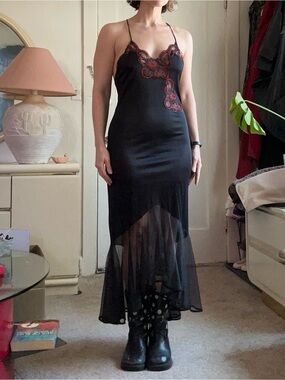 Vintage Black Slip Dress with Red Lace Appliqué